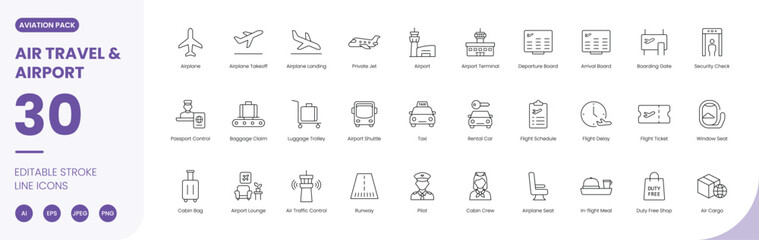 air travel airport icon line style aviation transportation editable stroke vector set © BIJOLI