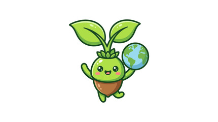 Obraz premium Cute Seedling Character Holding Planet Earth Illustration