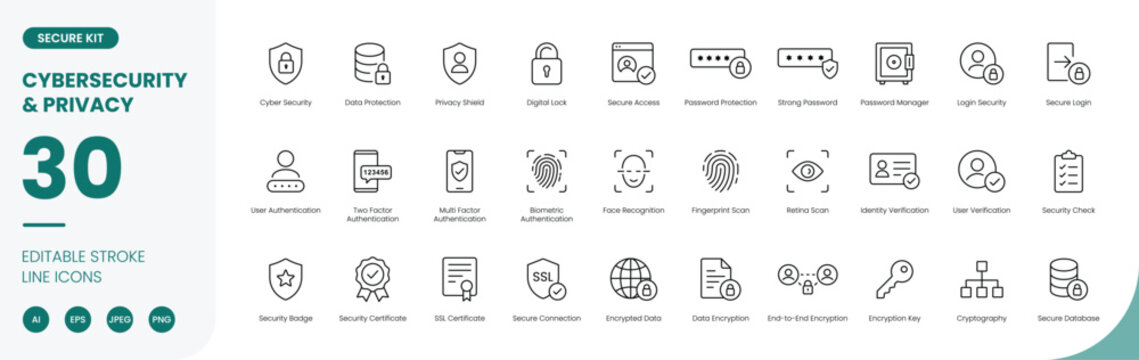 cybersecurity privacy icon line style data protection editable stroke vector set