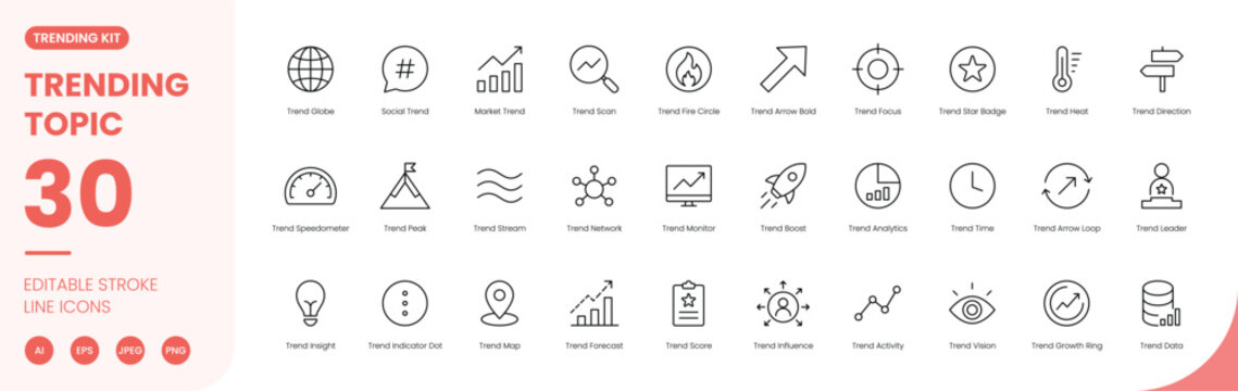 trending hot topic icon line style viral growth globe social analytics editable stroke vector set