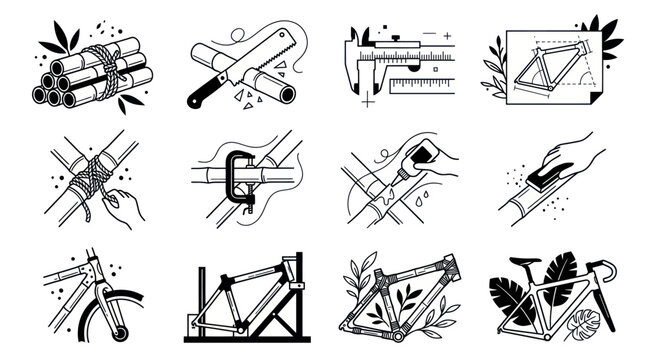 Bicycle Frame Building Process Tools And Stages Illustration.