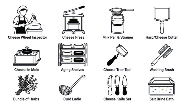 Cheese Making Process and Tools Outline Icons Set.