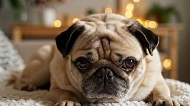 Cute Pug Dog Lying on Soft Fluffy Blanket in Cozy Home Interior
