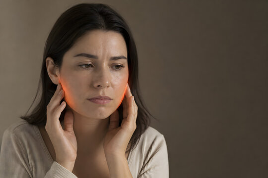 Woman experiencing jaw tension with glowing cheek pain