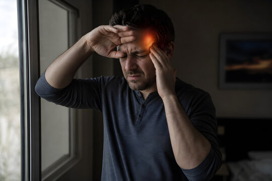 Man shielding eyes during painful migraine indoors