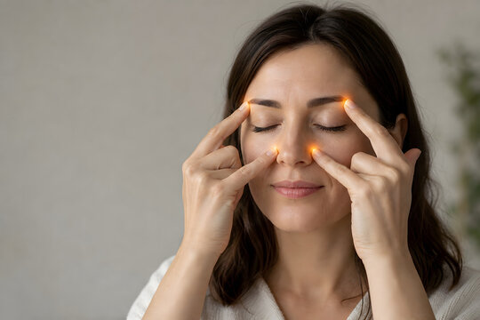 Woman relieving sinus pressure with gentle acupressure