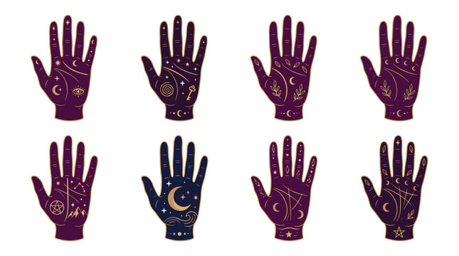 Set of eight stylized hands showing palmistry lines and celestial symbols like moons and stars, with a dark purple and gold color palette, occult and divination theme