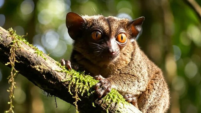 Curious Tarsier Primate Perching on Mossy Tree Branch in Tropical Rainforest