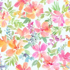 Watercolor tropical floral seamless pattern with abstract hand painted colorful hibiscus and leaves for fabric, home decor and surface design © Sawango