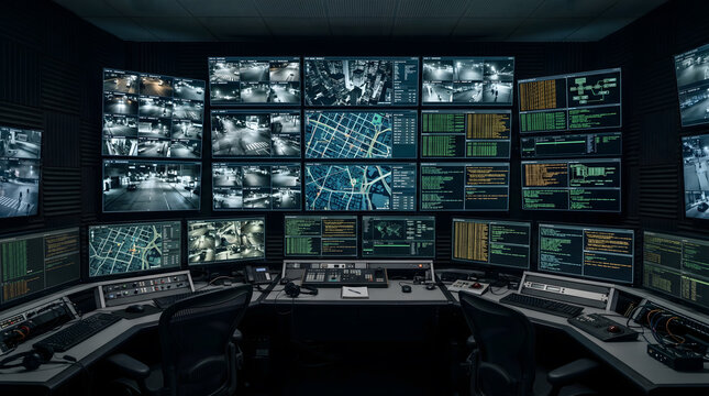 Modern Security Operations Center with Multiple Surveillance Monitors and Data Screens for 24/7 Monitoring and Control