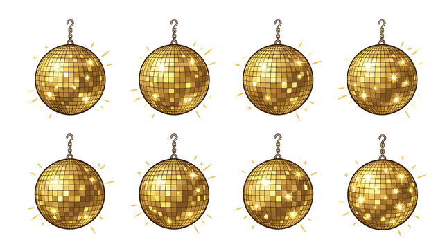 Collection of eight pixel art disco balls with light flares, isolated on a white background, representing party and celebration