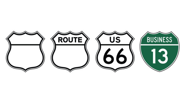 Several highway road signs featuring blank templates and specific route numbers in a clean vector style