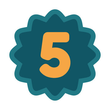 Orange number 5 on a teal starburst background
