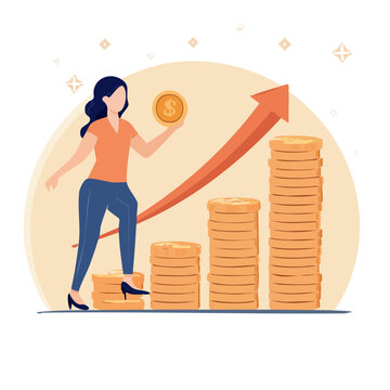 Woman with Coin and Growing Stack of Coins