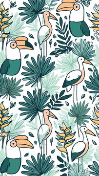 Toucan and Heron Birds with Tropical Leaves Pattern