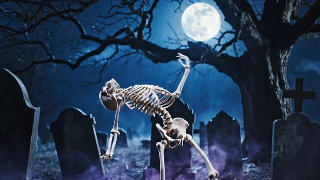 Dancing Skeleton Performing Spooky Dance in Haunted Graveyard under Full Moon