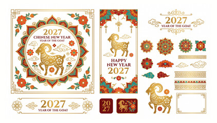Chinese new year 2027 year of the goat decorative elements and mandala floral frames set with celebration traditional ornament decoration illustration elements oriental prosperity festival © Shaon