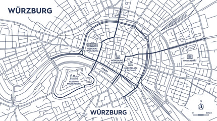 Würzburg City Map Outline - Schematic Overview of German Town and River Main © Gisel