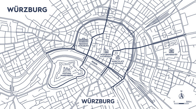 W&uuml;rzburg City Map Outline - Schematic Overview of German Town and River Main