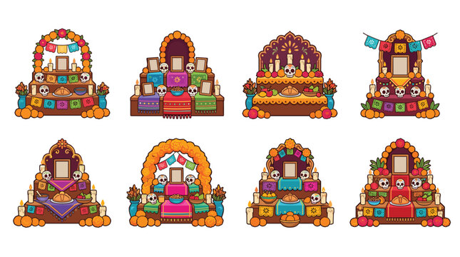 Collection of pixel art Day of the Dead altars, ofrendas with papel picado and marigolds, festive celebration symbols