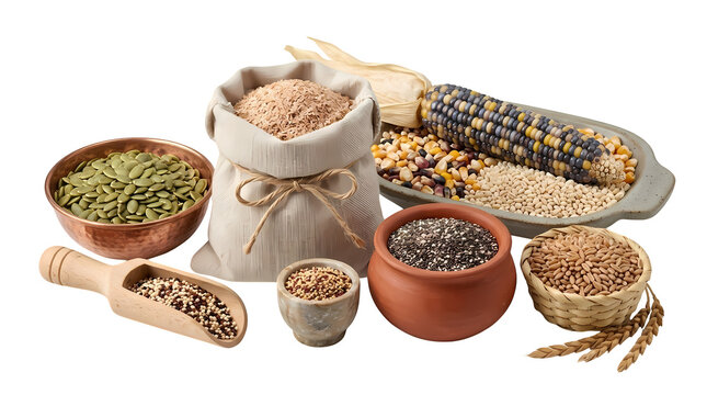 Assortment of grains seeds and corn kernels with oats in rustic containers on transparent background.