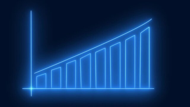 Neon blue business bar chart growing against dark background represents financial success and economic progress in modern digital style motion graphics suitable for corporate presentations.