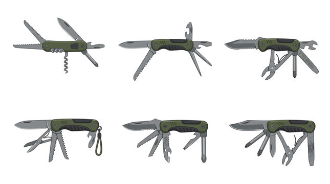 Collection of pixel art illustrations showcasing a multi-tool pocket knife with various attachments extended, isolated on white background