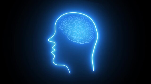 Bright blue neon outline of human head profile with glowing brain inside, abstract concept for intelligence, science, and mind power, dark background.