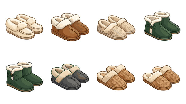 Collection of pixel art winter footwear including slippers and boots in various neutral and earthy tones, cozy and warm designs