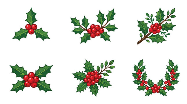 pixel art christmas holly sprigs and wreath, festive holiday elements, winter flora, red berries, green leaves, isolated on white