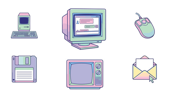 Pixel art collection of retro computer icons, including a monitor, floppy disk, mouse, television, scanner, and envelope, in pastel colors
