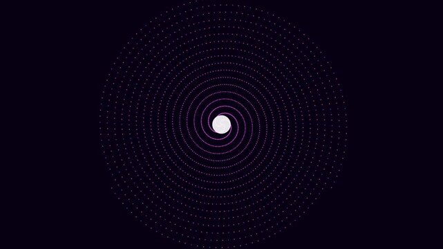 Abstract purple dotted spiral motion animation 4k background, with glowing center, point
