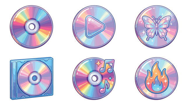 Pixel art collection of six iridescent CDs with various icons: play button, butterfly, music notes, fire, and a CD case, retro digital media aesthetic