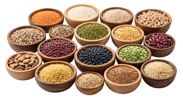 Assortment of healthy grains legumes and seeds in wooden bowls isolated on grey.