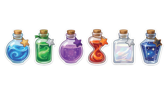 Collection of six pixel art potions with cork stoppers and decorative elements, in various colors and swirling liquid textures, fantasy game assets