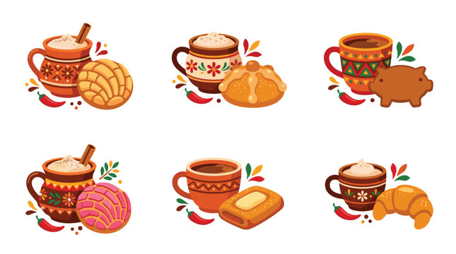 Pixel art set of traditional Mexican beverages and pastries including conchas, pan de muerto, and churros, with decorative elements and chili peppers, evoking a warm and festive atmosphere