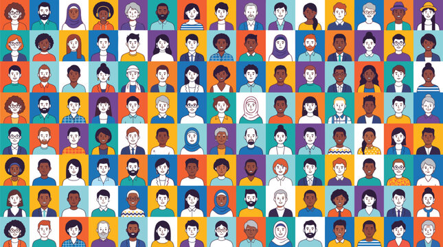 Diverse group of people portraits arranged in a colorful grid pattern for professional corporate communication