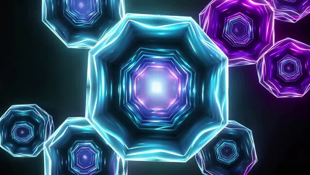 Abstract Glowing Octagonal Crystal Tunnels Floating in Blue and Purple, Futuristic Sci-Fi Background