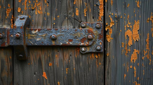 Aged door hinge on weathered wood close up