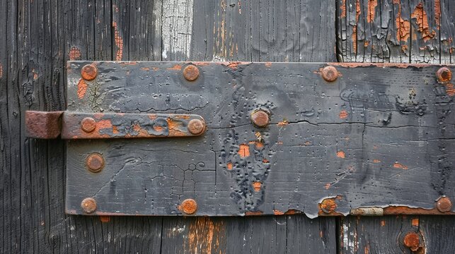 Aged door hinge on weathered wood close up