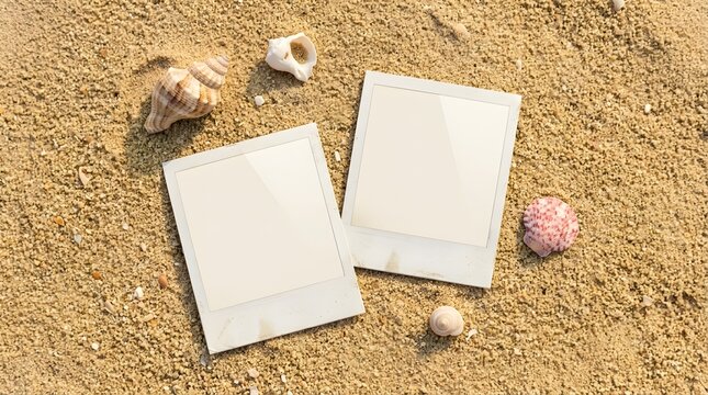 Seashells and instant photos on sandy beach summer vacation memories and coastal still life