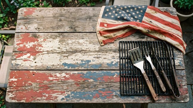 Rustic american bbq scene distressed wood table with flag and grilling tools overhead view