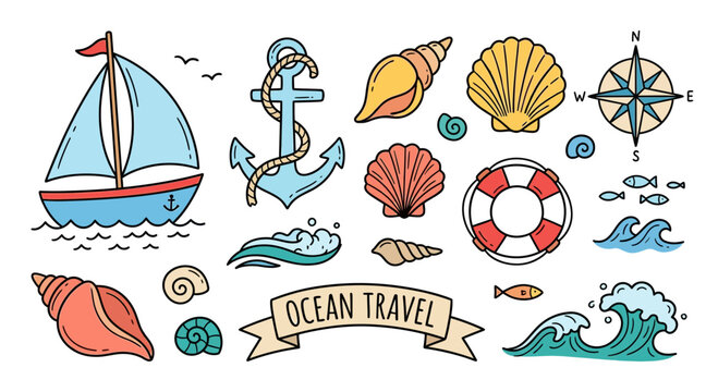 Nautical clip art: sailboat, anchor, shells, waves, compass, lifebuoy, ocean travel