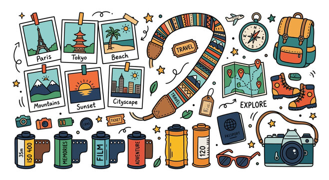 Travel vacation doodle art: photos, camera, backpack, map, passport, film