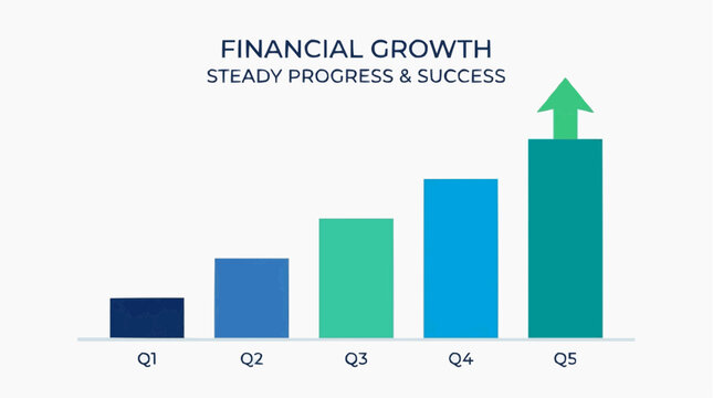 Financial growth chart showing steady progress and success with increasing bars and an upward arrow