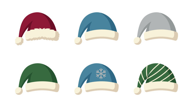 Set of six pixel art santa hats in different colors and patterns, including snowflake and stripes, isolated on white