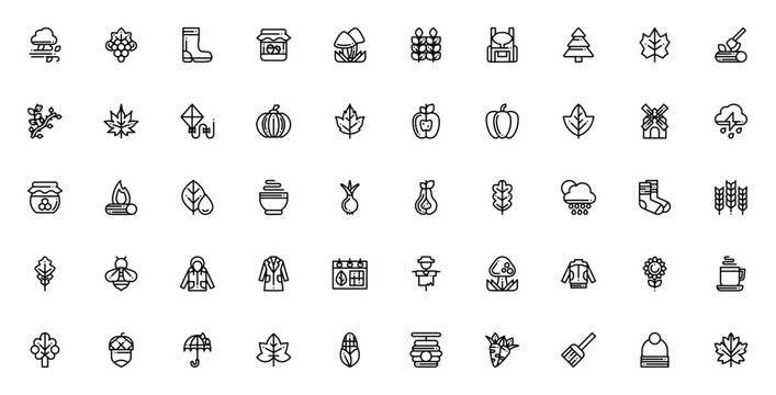 Autumn icon pack. Minimal thin line web icons set. Vector illustration. Fall season icon set. Featuring wind, mushroom, leaf, pumpkin, apple, acorn, corn, winter hat and more.