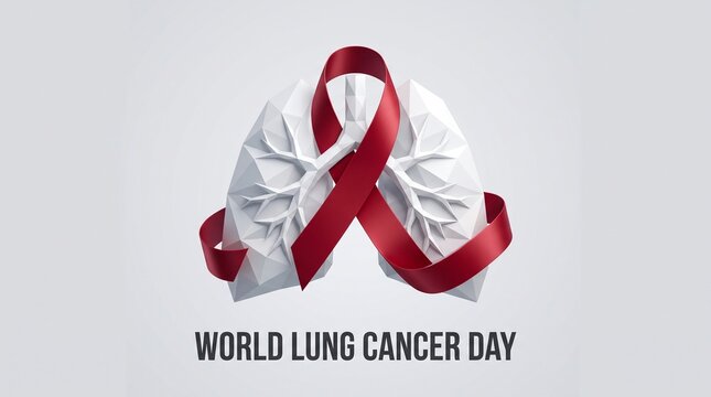 Low poly white lungs wrapped in a red awareness ribbon
