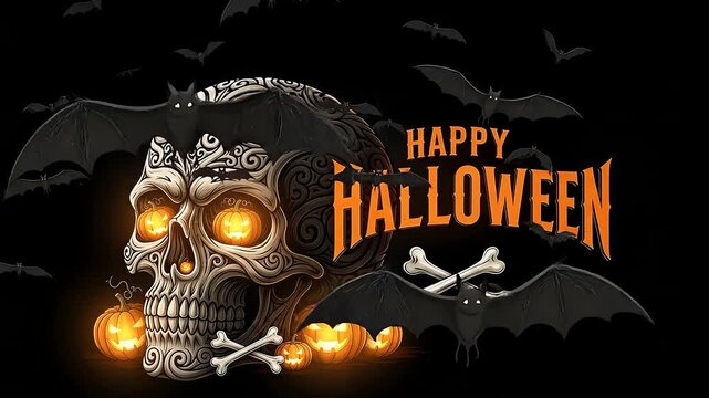 Decorative carved skull with glowing pumpkin eyes in Halloween motion video
