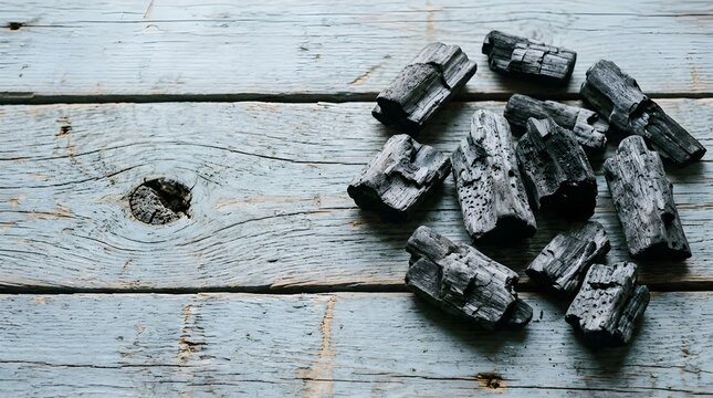 Charcoal briquettes on weathered blue wood planks rustic still life with copy space